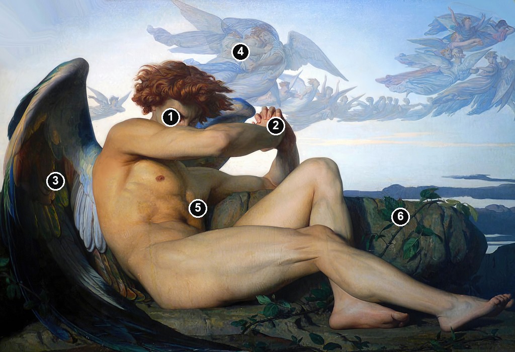 Annotated details from Fallen Angel by Alexandre Cabanel